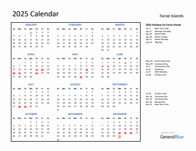 Faroe Islands current year calendar 2025 with holidays