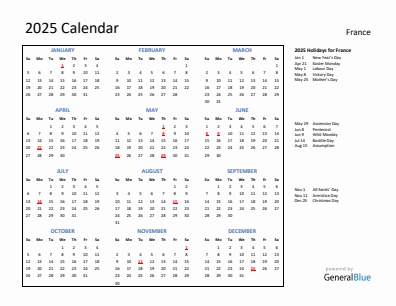 France current year calendar 2025 with holidays