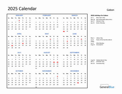 Gabon current year calendar 2025 with holidays