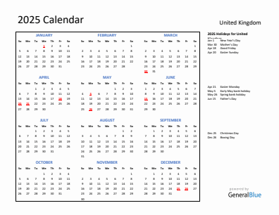 United Kingdom current year calendar 2025 with holidays