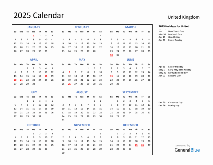 2025 Calendar with Holidays for United Kingdom