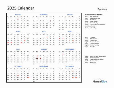 Grenada current year calendar 2025 with holidays