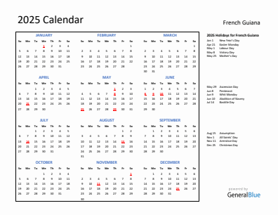 French Guiana current year calendar 2025 with holidays