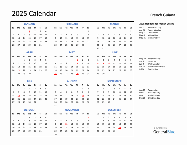 2025 Calendar with Holidays for French Guiana