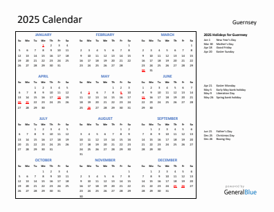 Guernsey current year calendar 2025 with holidays