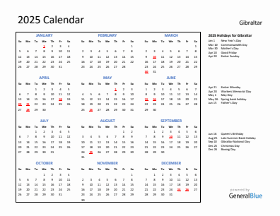 Gibraltar current year calendar 2025 with holidays