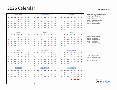 Greenland current year calendar 2025 with holidays