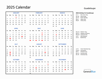 Guadeloupe current year calendar 2025 with holidays