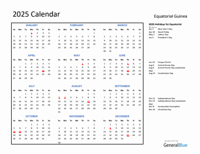 Equatorial Guinea current year calendar 2025 with holidays