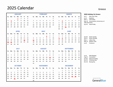 Greece current year calendar 2025 with holidays