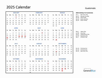 Guatemala current year calendar 2025 with holidays