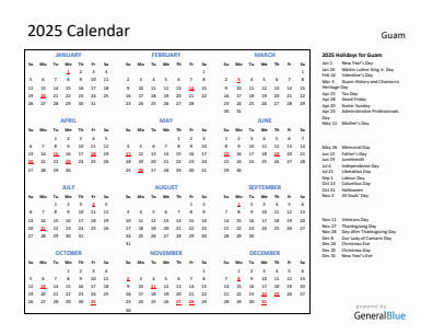 Guam current year calendar 2025 with holidays