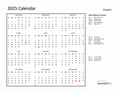 Guyana current year calendar 2025 with holidays