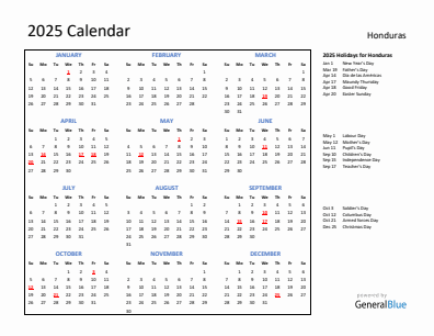 Honduras current year calendar 2025 with holidays