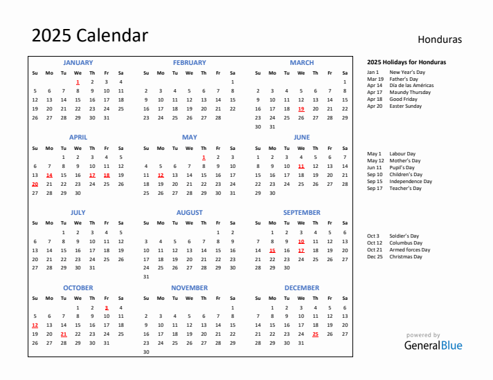 2025 Calendar with Holidays for Honduras