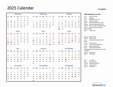 Croatia current year calendar 2025 with holidays