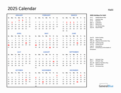 Haiti current year calendar 2025 with holidays