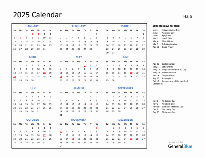 2025 Calendar with Holidays for Haiti