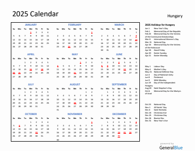 Hungary current year calendar 2025 with holidays