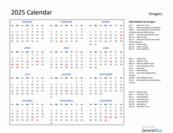 2025 Calendar with Holidays for Hungary