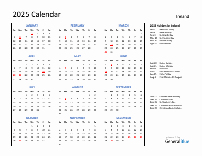 Ireland current year calendar 2025 with holidays