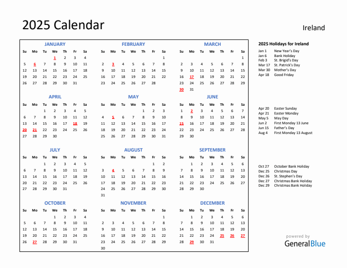 2025 Calendar with Holidays for Ireland