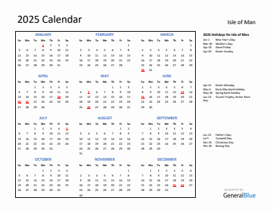 Isle of Man current year calendar 2025 with holidays