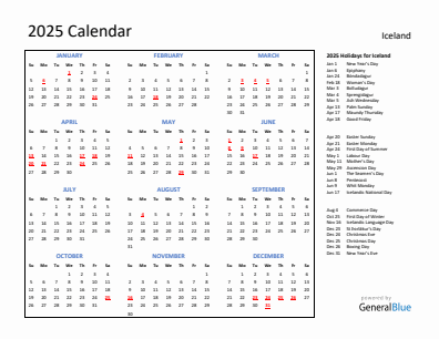 Iceland current year calendar 2025 with holidays