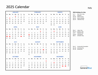 Italy current year calendar 2025 with holidays