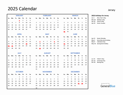 Jersey current year calendar 2025 with holidays