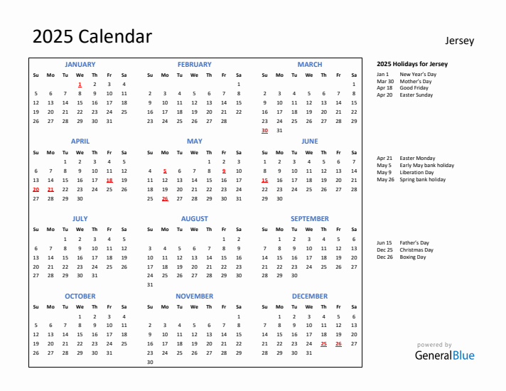 2025 Calendar with Holidays for Jersey