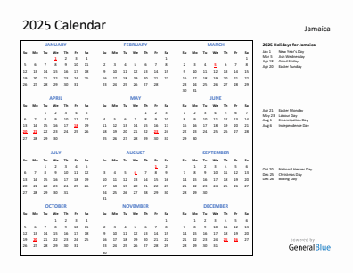 Jamaica current year calendar 2025 with holidays