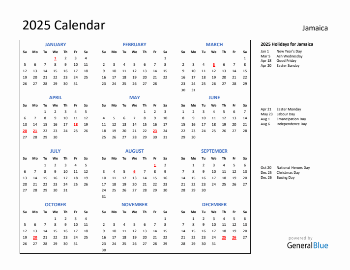 2025 Calendar with Holidays for Jamaica