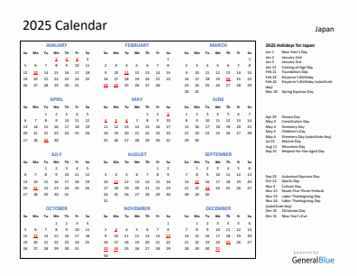 Japan current year calendar 2025 with holidays