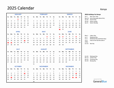 Kenya current year calendar 2025 with holidays