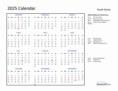 South Korea current year calendar 2025 with holidays