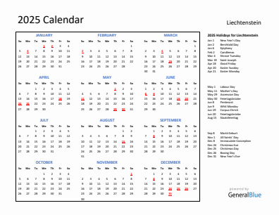 Liechtenstein current year calendar 2025 with holidays