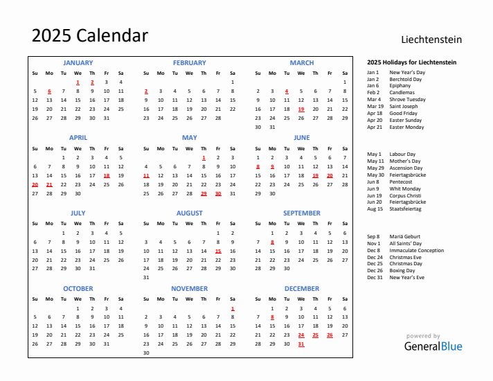 2025 Calendar with Holidays for Liechtenstein