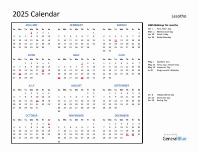 Lesotho current year calendar 2025 with holidays