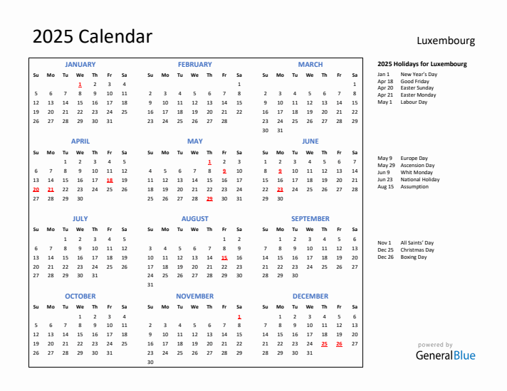 2025 Calendar with Holidays for Luxembourg