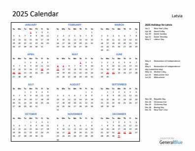 Latvia current year calendar 2025 with holidays