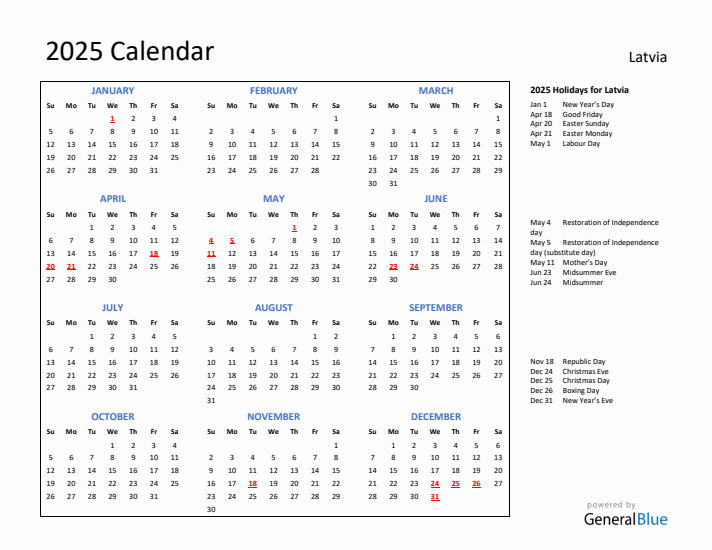 2025 Calendar with Holidays for Latvia