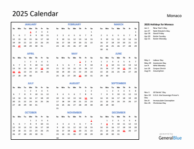 Monaco current year calendar 2025 with holidays