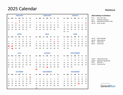 Moldova current year calendar 2025 with holidays