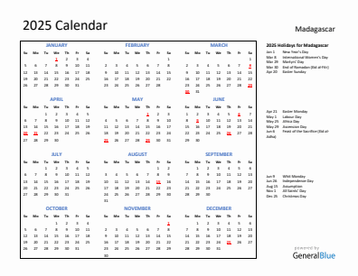 Madagascar current year calendar 2025 with holidays