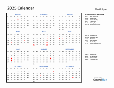 Martinique current year calendar 2025 with holidays