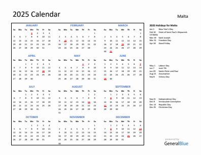 Malta current year calendar 2025 with holidays