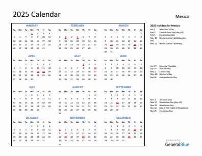 Mexico current year calendar 2025 with holidays