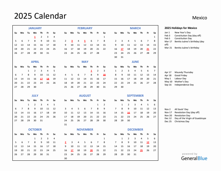 2025 Calendar with Holidays for Mexico