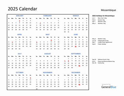 Mozambique current year calendar 2025 with holidays